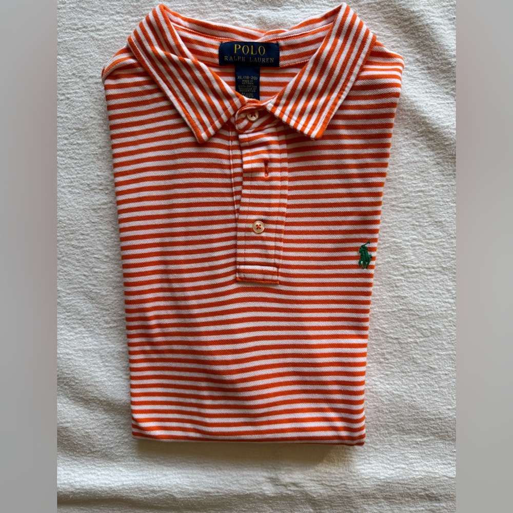 EUC Youth Polo Ralph Lauren Orange  Striped Polo Shirt XL ((18-20)